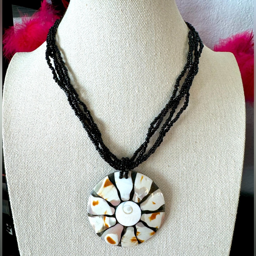 Bohemian Beaded Necklace with Large Shell Pattern Pendant